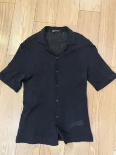 美品 ZARA透かし編み 開襟シャツ 黒