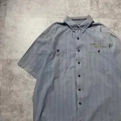 00s ハーレーダビッドソン　刺繍両面ロゴ　ストライプ　フェード　ワークシャツ