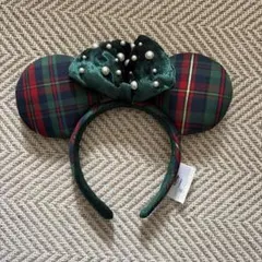 香港ディズニークリスマス　ミッキーマウス　カチューシャ 緑色 チェック柄
