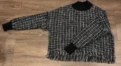 ZARA フリンジニット ブラック・ホワイト チェック柄