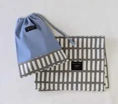 2113くすみブルー　巾着袋×ランチョンマット50×40