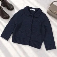 ZARA 襟付き ニットカーディガン ウール混 ネイビー S ショート丈