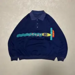 USA古着90sラグランスウェットポロシャツ襟付イベント系両面プリント紺XL短丈