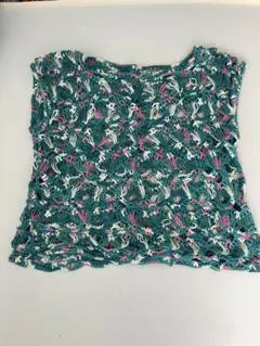 ハンドメイド 編み物 ベスト 青緑 白 ピンク