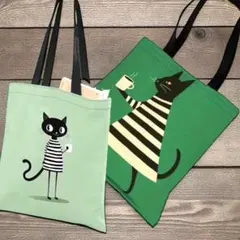 猫デザイン ２個セット トートバッグ エコバック 北欧風 プリントバッグ 黒猫