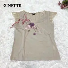 a.1529【ジネット】半袖Tシャツ レース袖 刺繍 M 日本製 リボン 花