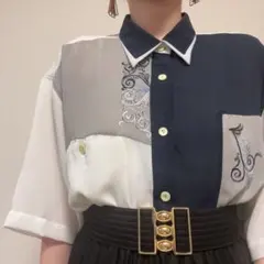 メンズ 刺繍 モノトーン 配色 薄手 シャツ オーバーサイズ 80s 90sのサムネイル