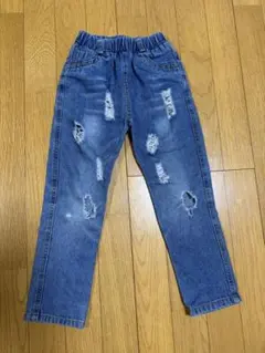 デニムブルー ダメージ加工 長ズボン