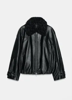 ZARA フェイクレザー ボンバージャケット ZW ボア襟 ジャケット 黒 Lのサムネイル