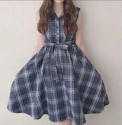 美品✨evelyn エブリン　チェック柄　ミドルワンピース　ウエストリボン　開襟