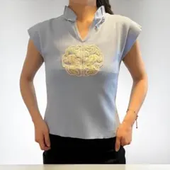 チャイナ風 刺繍 半袖 カットソー ライトブルー　新品