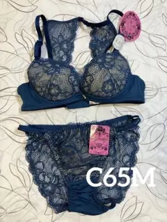 C65M グラナティス　花柄刺繍×レースのブラ＆ショーツセット　ネイビー