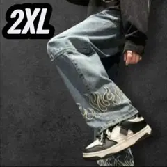 新品 2XL メンズ デニム ライトブルー ストリート ファイヤー柄