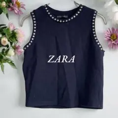 ZARAザラ スタッズ付きノースリーブS ショート丈　ネイビー　大人かっこいい