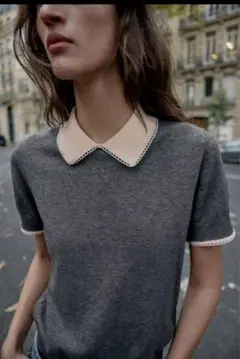 グレー ニット 半袖 トップス アイボリー襟