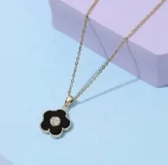 可愛いデイジーお花ネックレスブラックゴールドチェーン結婚式ハンドメイドブランド調