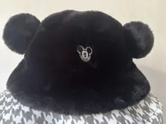 【美品】ディズニーランド　ミッキーマウス 耳付きフリースバケットハット 黒