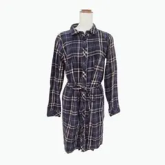 Green Parks チェック柄シャツワンピース ネイビー系 ウエストリボン
