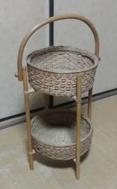 ラタン 2段式 バスケット ラック 木製 インテリア 昭和 レトロ 家具