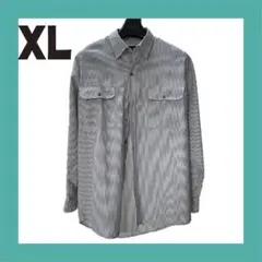 【男女兼用】シャツ　お洒落　カジュアル　長袖　ネイビー　紺　ストライプ　LL