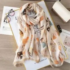 【大人気】大判ショール　ストール　スカーフ　薄手　猫柄　母の日 ベージュ 北欧