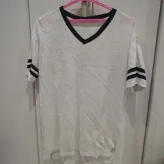 GU ホワイト Vネック Tシャツ ストライプM