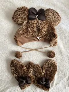 【美品】ディズニー ひょう柄 ファンキャップ ミトン ミニー 帽子 リボン 廃盤