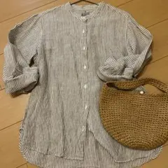 無印良品　MUJI リネンXL ストライプ スタンドカラー 長袖シャツ