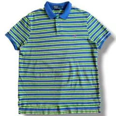 美品 90s ラルフローレン マルチボーダー ポロ 青 黄色 緑 鹿の子 古着