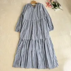 美品✨️ペルナ ストライプロングワンピース フレア ギャザー 長袖 L ブルー 美品✨️ペルナ ストライプロングワンピース フレア ギャザー