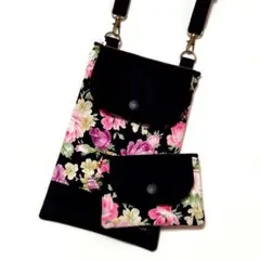 スマホポーチとミニ財布⭐️黒/アンティークローズ