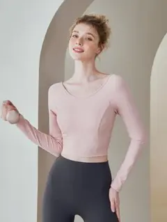【YOMOMENT】ピンク 長袖 クロップドトップ ヨガウェア Sサイズ
