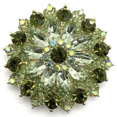 花モチーフ ラインストーン ブローチ グリーン ヴィンテージ風 アンティーク調