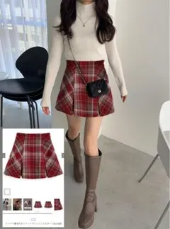 GRL インパン裏地付きツイードプリーツミニスカート tu1428 赤