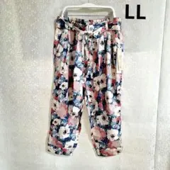 QVC/ローズペッシュ　サテンフラワーソフトサルエルパンツ ネイビー/LL