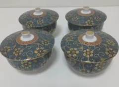 未使用　伝統工芸 九谷焼 蓋付汲出揃 茶器 青粒鉄仙 湯呑み 清峰造　4客