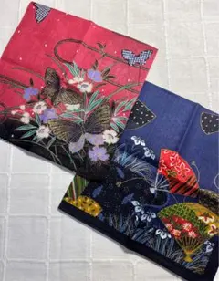 蝶と花、扇と花　和柄ハンカチ2枚セット