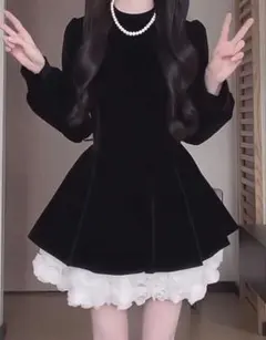 【新品未使用】ベロアミニワンピース フリル s ブラック