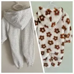 フリース 花柄 フード付きオールインワン　2着セット