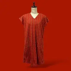 ◎朱色スクエア 昭和レトロチュニックフレンチスリーブポケット日本製vintage