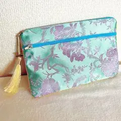 チャイナポーチ 花柄 タッセル付き グリーン パープル マルチカラー