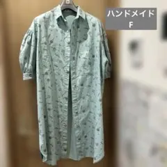 水色キャンディ柄パフスリーブシャツワンピース　ハンドメイド