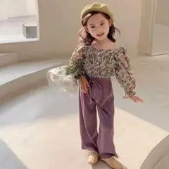 【新品未使用】小花柄ショート丈トップス＋リブワイドパンツセット90サイズ