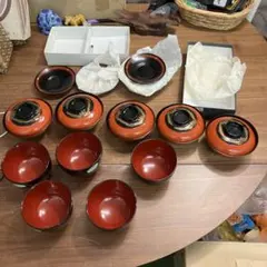 高級漆器　蓋付き汁椀　 各5客セット　茶碗　吸椀　金彩　煮物椀　茶托等　合計15