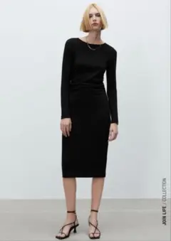 ZARA ワンピース　ギャザーディテール入りミディ丈ワンピース