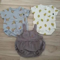 レモン・バナナ柄ロンパース、サロペット風ロンパース3点セット