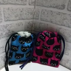 猫柄　ミニ巾着袋　ブルー　レッド