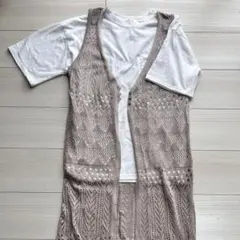 かぎ編み ロングベスト ロングジレ Tシャツ 白 2点セット