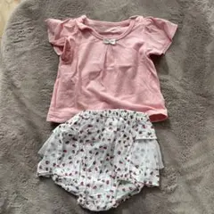 ピンクリボン付きトップスと花柄パンツセット 70