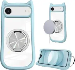 iPhone 17 Air 対応 ケース クリア リング付き 猫耳 （ブルー)